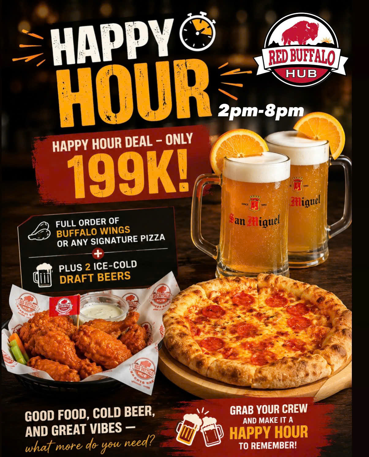 Happy Hour buffalo wings, pizza and beers at Red Buffalo Hub